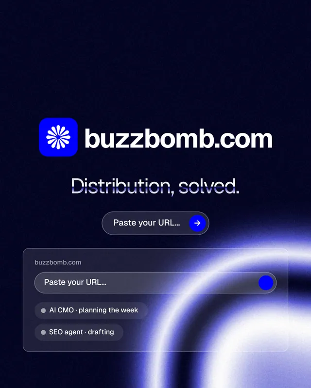 Instagram portrait post for BuzzBomb: "Distribution, solved." Agentic glass style, logo hero layout, dark palette in black, blue.