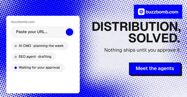 Social ad for BuzzBomb: "Distribution, solved." Brutalist style, right layout, light palette in blue, white.