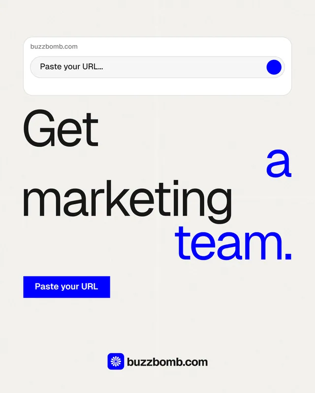 Instagram portrait post for BuzzBomb: "Get a marketing team." Swiss style, stacked layout, light palette in white, blue.