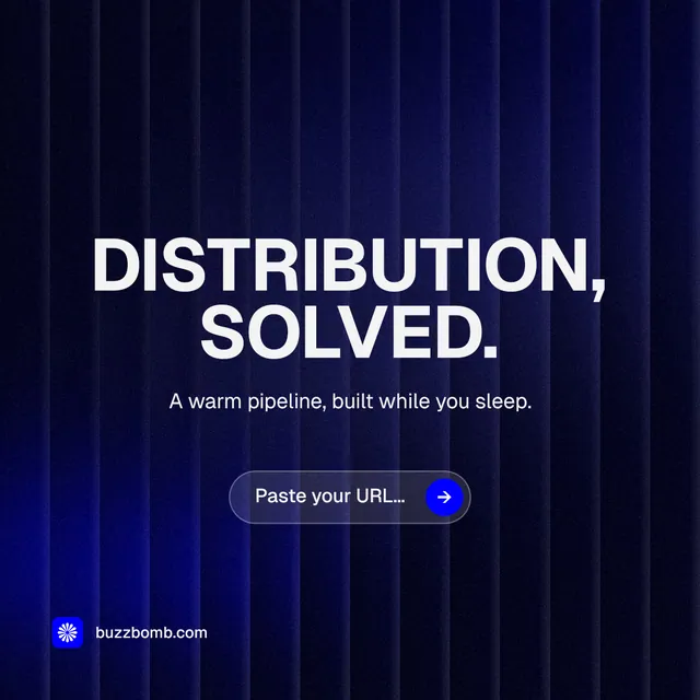 Instagram post for BuzzBomb: "Distribution, solved." Agentic glass style, centred layout, dark palette in blue, black.
