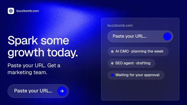 Landscape graphic for BuzzBomb: "Spark some growth today." Agentic glass style, bottom layout, dark palette in blue.