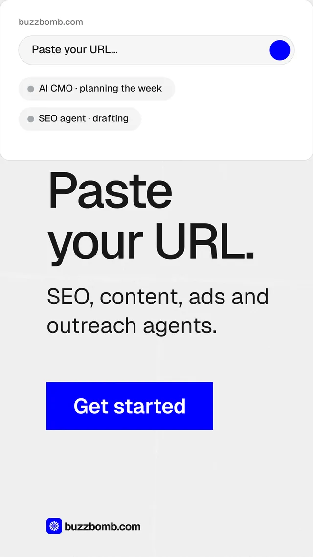 Instagram story for BuzzBomb: "Paste your URL." Swiss style, skeleton layout, light palette in white, blue.
