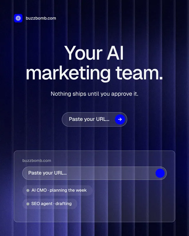 Instagram portrait post for BuzzBomb: "Your AI marketing team." Agentic glass style, centred layout, dark palette in blue, black.