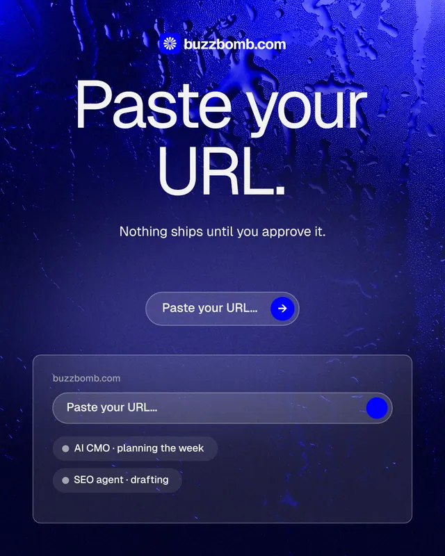 Instagram portrait post for BuzzBomb: "Paste your URL." Agentic glass style, centred layout, dark palette in blue.