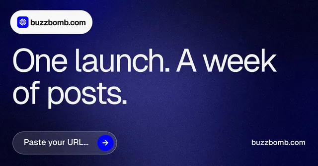 Social ad for BuzzBomb: "One launch. A week of posts." Agentic glass style, poster layout, dark palette in blue, black, grey.
