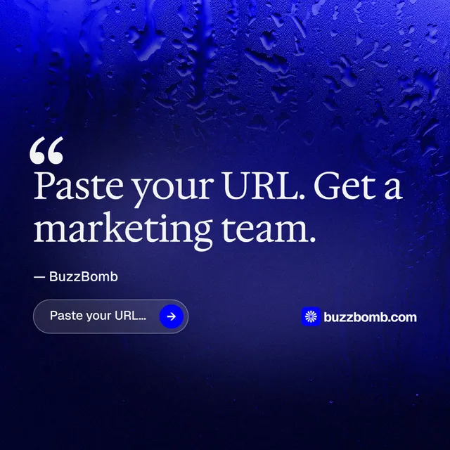 Instagram post for BuzzBomb: "Get a marketing team." Agentic glass style, quote layout, dark palette in black, blue.