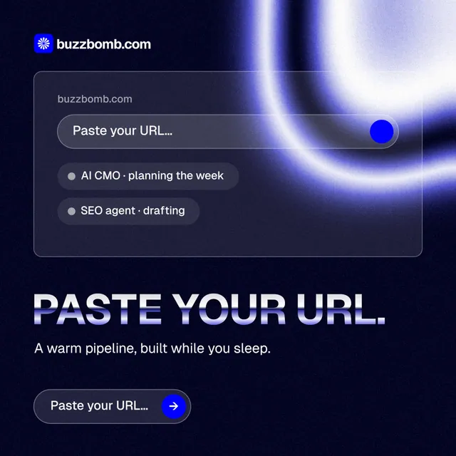 Instagram post for BuzzBomb: "Paste your URL." Agentic glass style, bottom layout, dark palette in black, blue.