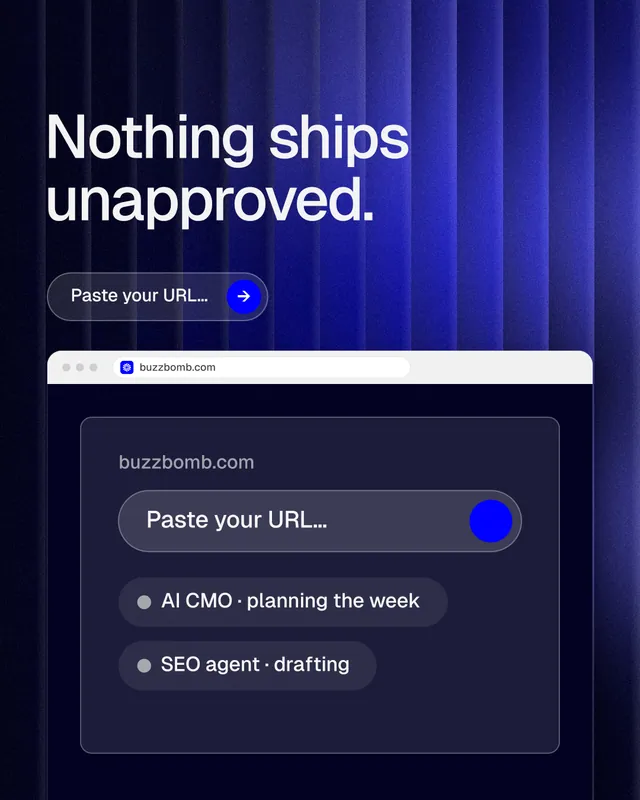 Instagram portrait post for BuzzBomb: "Nothing ships unapproved." Agentic glass style, browser layout, dark palette in black, blue, grey.