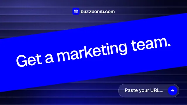 Landscape graphic for BuzzBomb: "Get a marketing team." Agentic glass style, diagonal layout, dark palette in blue.