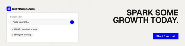 LinkedIn banner for BuzzBomb: "Spark some growth today." Swiss style, right layout, light palette in white.