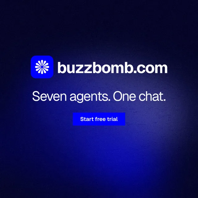 Instagram post for BuzzBomb: "Seven agents. One chat." Swiss style, logo hero layout, dark palette in black, blue.