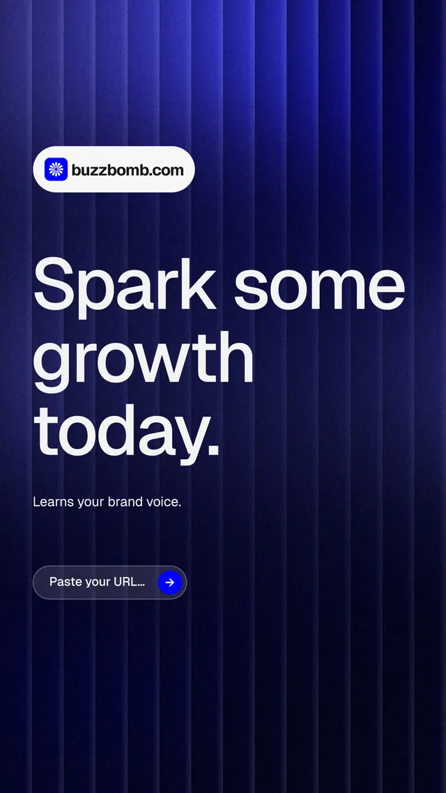 Instagram story for BuzzBomb: "Spark some growth today." Agentic glass style, announce layout, dark palette in black, blue, grey.