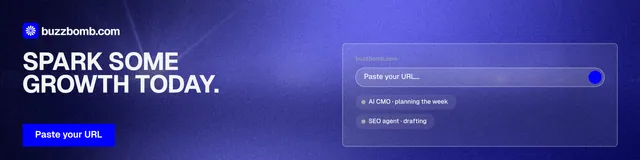LinkedIn banner for BuzzBomb: "Spark some growth today." Swiss style, bottom layout, dark palette in blue.