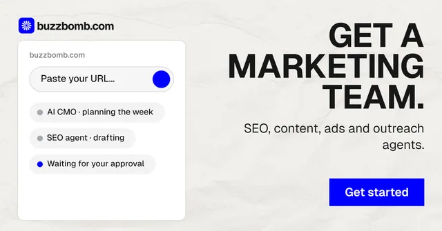 Social ad for BuzzBomb: "Get a marketing team." Swiss style, right layout, light palette in white, grey.