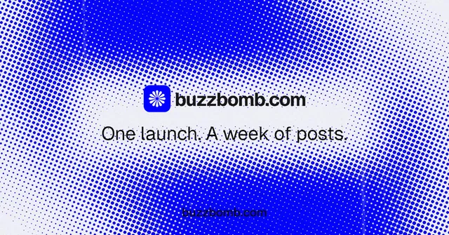 Social ad for BuzzBomb: "One launch. A week of posts." Swiss style, end card layout, light palette in blue, white.