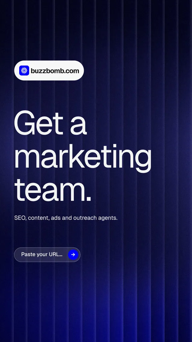 Instagram story for BuzzBomb: "Get a marketing team." Agentic glass style, announce layout, dark palette in blue, black, grey.