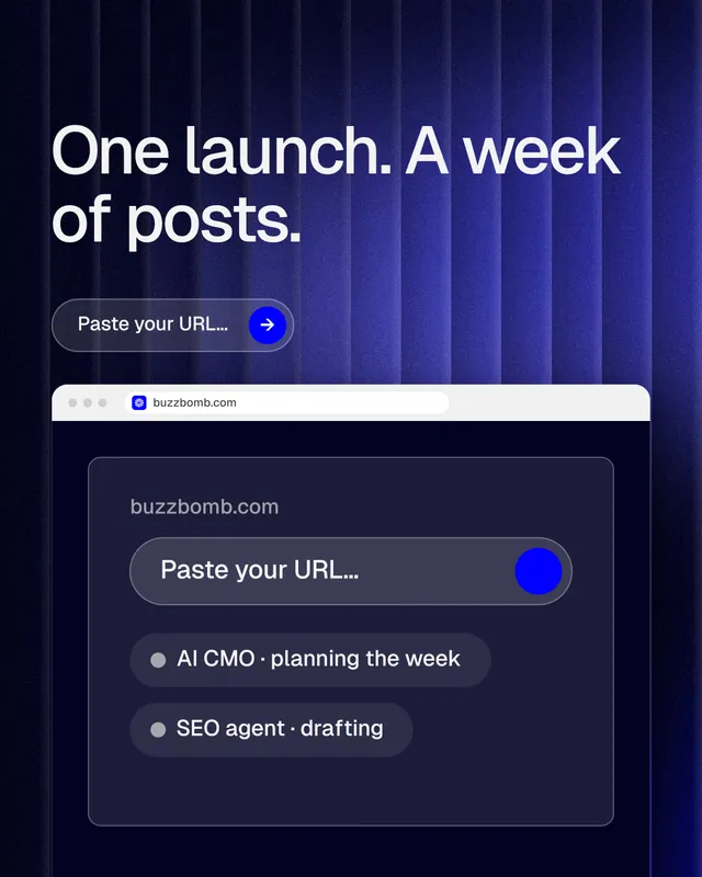 Instagram portrait post for BuzzBomb: "One launch. A week of posts." Agentic glass style, browser layout, dark palette in blue, black, grey.