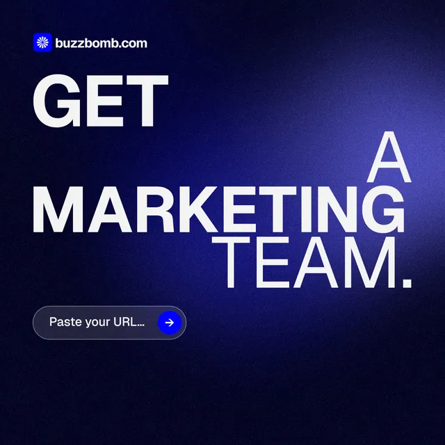 Instagram post for BuzzBomb: "Get a marketing team." Agentic glass style, stacked layout, dark palette in black, blue.
