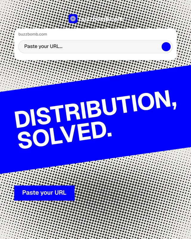 Instagram portrait post for BuzzBomb: "Distribution, solved." Swiss style, diagonal layout, light palette in grey, blue, white.