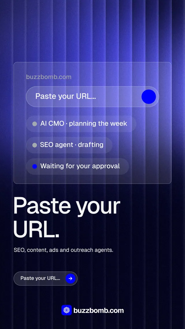 Instagram story for BuzzBomb: "Paste your URL." Agentic glass style, bottom layout, dark palette in black, blue.