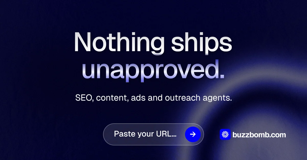 Social ad for BuzzBomb: "Nothing ships unapproved." Agentic glass style, centred layout, dark palette in black, blue, grey.