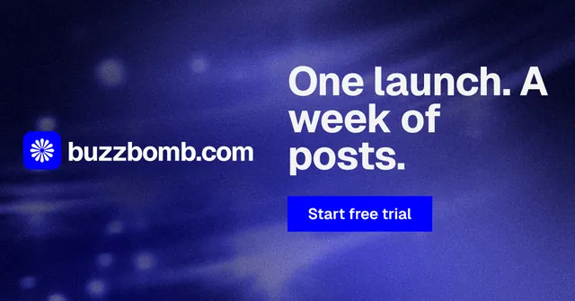 Social ad for BuzzBomb: "One launch. A week of posts." Swiss style, logo hero layout, dark palette in blue.