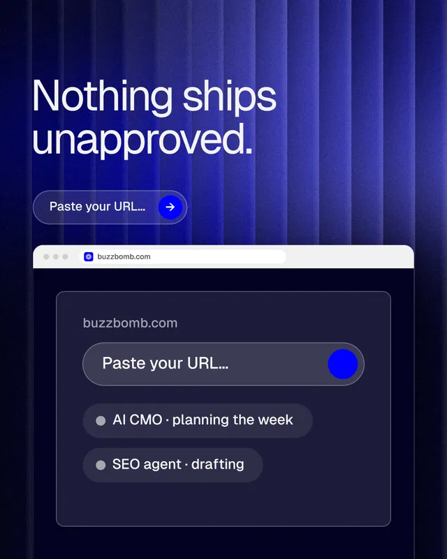 Instagram portrait post for BuzzBomb: "Nothing ships unapproved." Agentic glass style, browser layout, dark palette in blue, black.