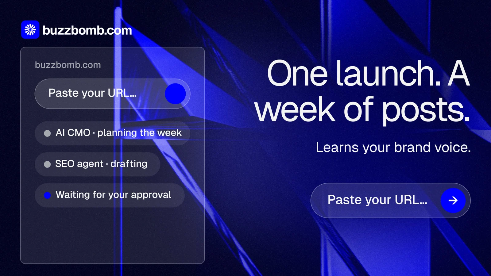 Landscape graphic for BuzzBomb: "One launch. A week of posts." Agentic glass style, right layout, dark palette in black, blue.