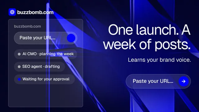 Landscape graphic for BuzzBomb: "One launch. A week of posts." Agentic glass style, right layout, dark palette in black, blue.