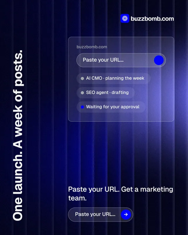 Instagram portrait post for BuzzBomb: "One launch. A week of posts." Agentic glass style, vertical layout, dark palette in black, blue.