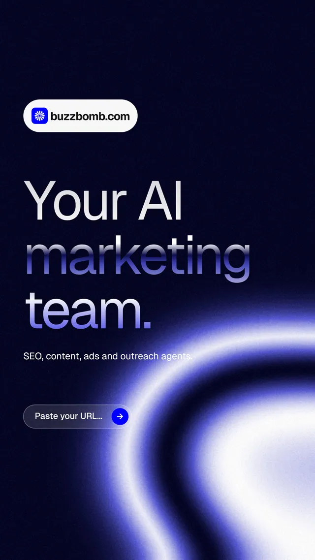 Instagram story for BuzzBomb: "Your AI marketing team." Agentic glass style, announce layout, dark palette in black, blue.