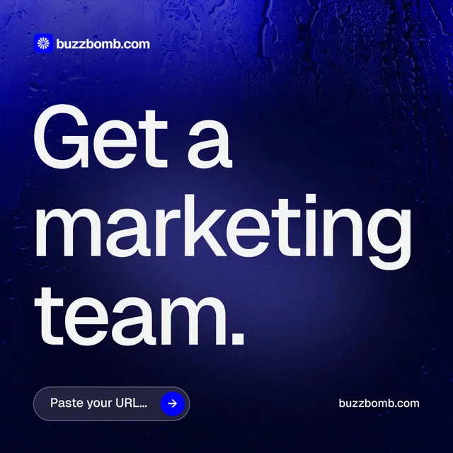 Instagram post for BuzzBomb: "Get a marketing team." Agentic glass style, poster layout, dark palette in blue, black.