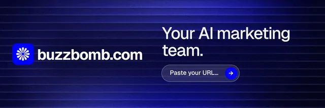 X header for BuzzBomb: "Your AI marketing team." Agentic glass style, logo hero layout, dark palette in black, blue.