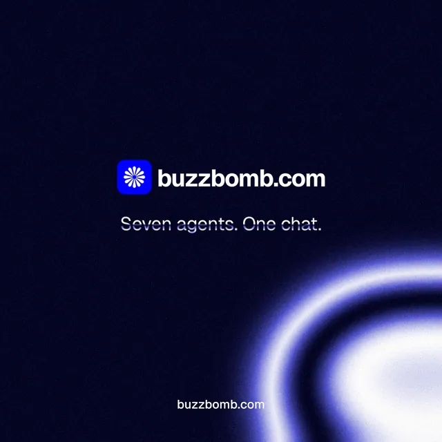Instagram post for BuzzBomb: "Seven agents. One chat." Agentic glass style, end card layout, dark palette in black, blue.