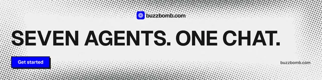 LinkedIn banner for BuzzBomb: "Seven agents. One chat." Brutalist style, poster layout, light palette in white, grey.