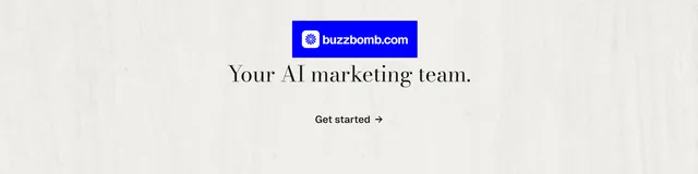 LinkedIn banner for BuzzBomb: "Your AI marketing team." Minimal luxury style, centred layout, light palette in white, blue.