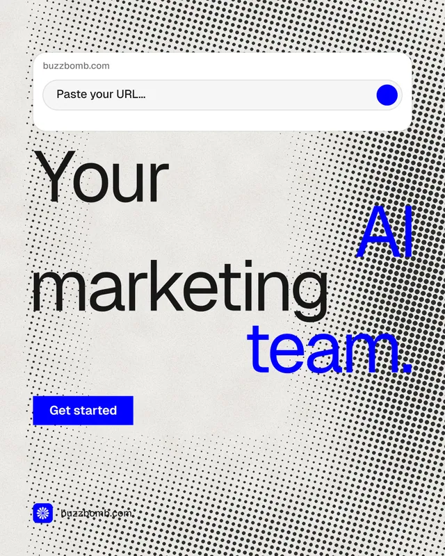 Instagram portrait post for BuzzBomb: "Your AI marketing team." Swiss style, stacked layout, light palette in grey, white.