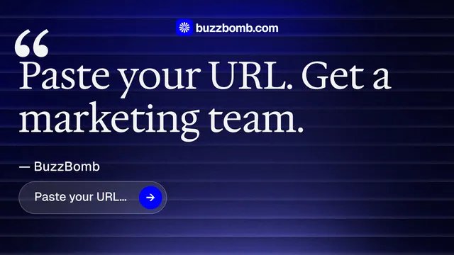 Landscape graphic for BuzzBomb: "Get a marketing team." Agentic glass style, quote layout, dark palette in black, blue, grey.