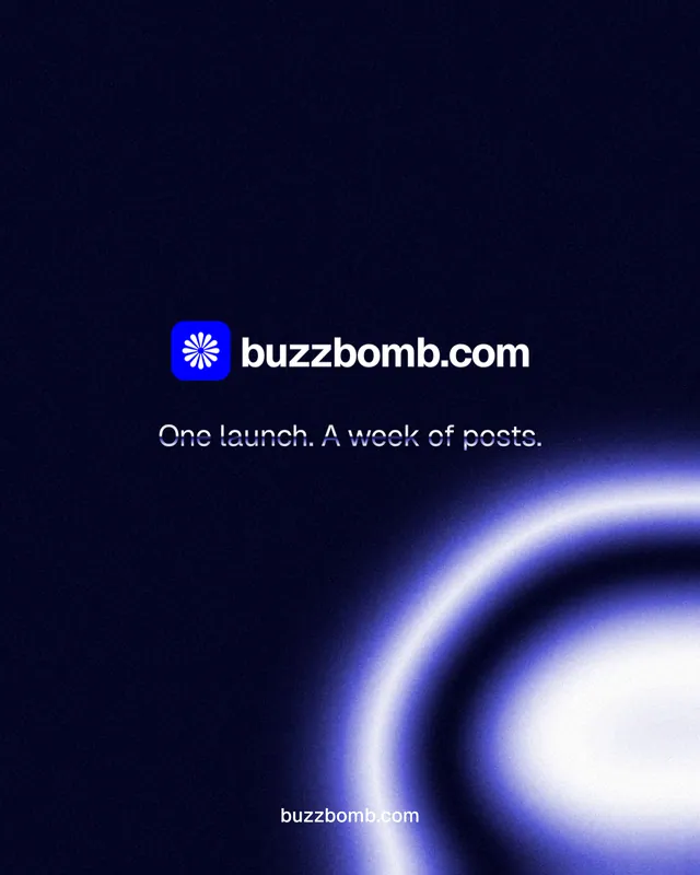 Instagram portrait post for BuzzBomb: "One launch. A week of posts." Agentic glass style, end card layout, dark palette in black, blue.
