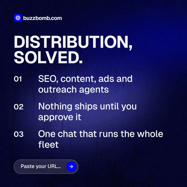 Instagram post for BuzzBomb: "Distribution, solved." Agentic glass style, numbered layout, dark palette in black, blue.