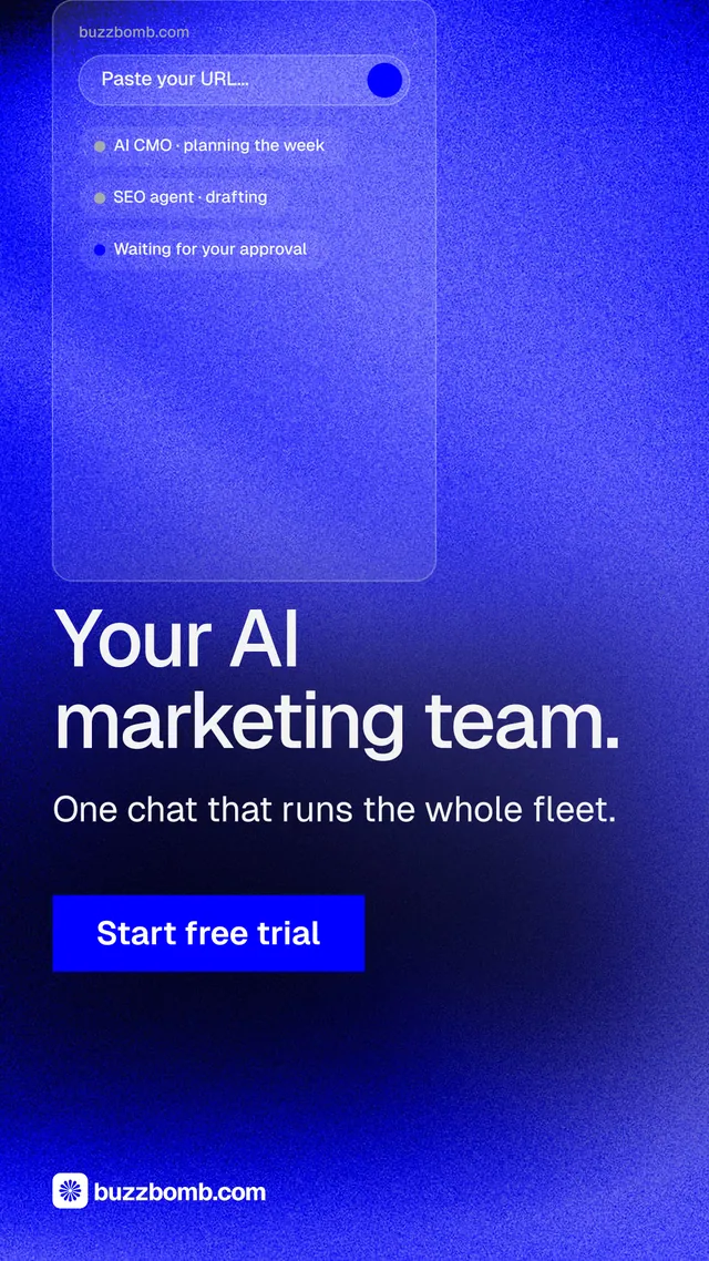 Instagram story for BuzzBomb: "Your AI marketing team." Swiss style, skeleton layout, dark palette in blue.
