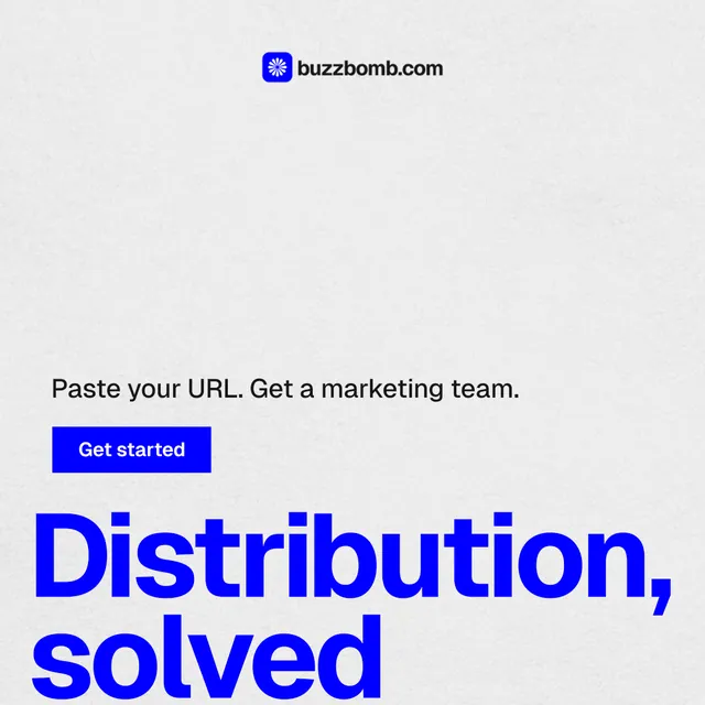 Instagram post for BuzzBomb: "Seven agents. One chat." Swiss style, oversized layout, light palette in white, blue.