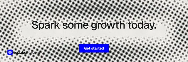 X header for BuzzBomb: "Spark some growth today." Swiss style, centred layout, light palette in grey, white.