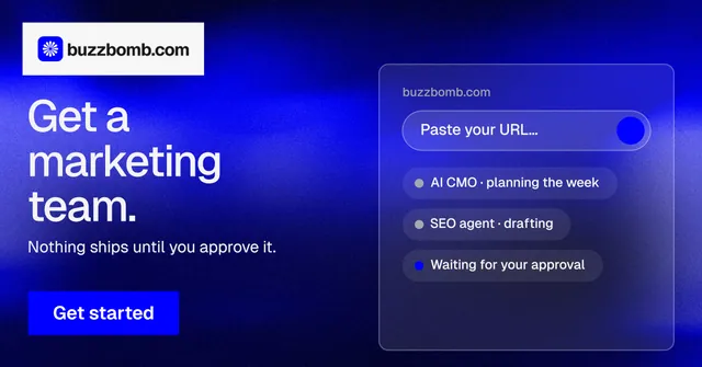 Social ad for BuzzBomb: "Get a marketing team." Swiss style, bottom layout, dark palette in blue.