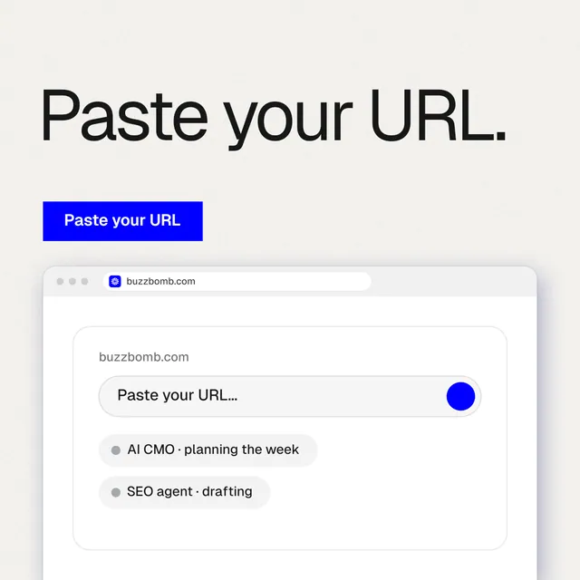 Instagram post for BuzzBomb: "Paste your URL." Swiss style, browser layout, light palette in white.