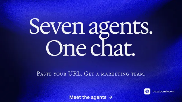 Landscape graphic for BuzzBomb: "Seven agents. One chat." Agentic glass style, smallcaps layout, dark palette in blue.