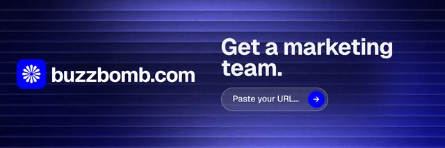 X header for BuzzBomb: "Get a marketing team." Agentic glass style, logo hero layout, dark palette in blue.