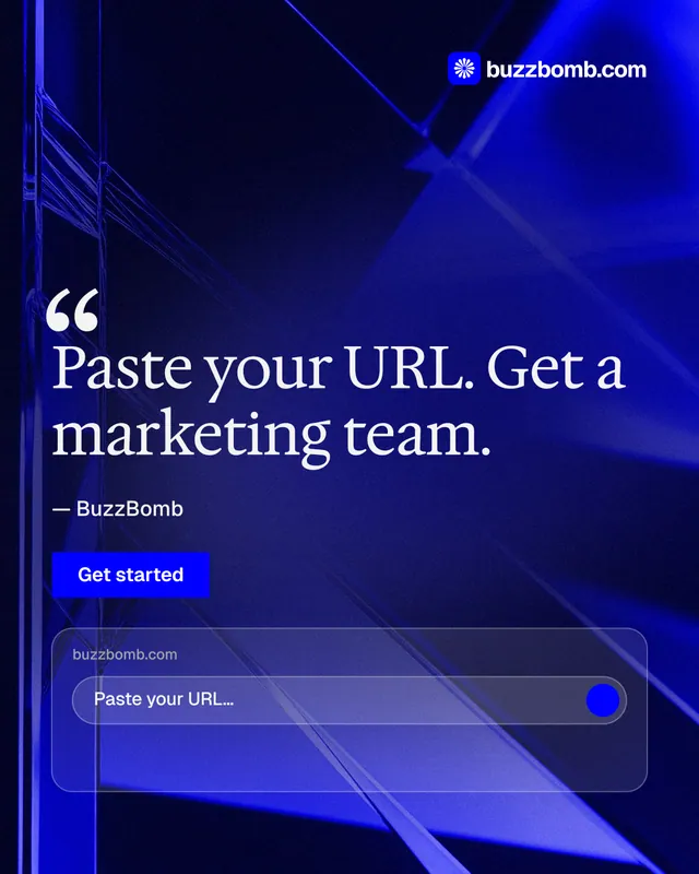 Instagram portrait post for BuzzBomb: "Get a marketing team." Swiss style, quote layout, dark palette in black, blue.