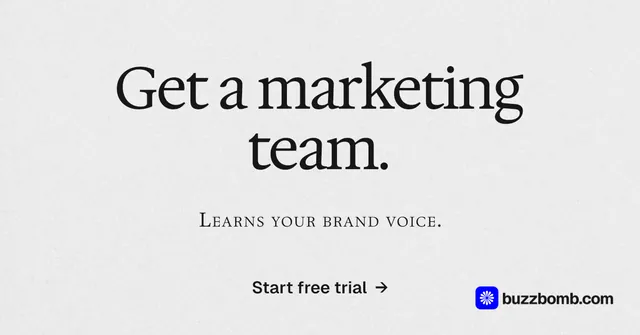 Social ad for BuzzBomb: "Get a marketing team." Swiss style, smallcaps layout, light palette in white, grey.