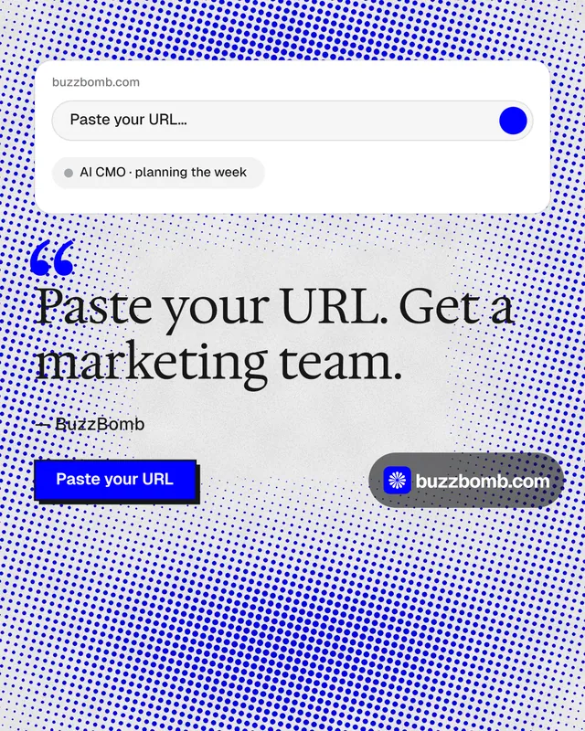 Instagram portrait post for BuzzBomb: "Paste your URL." Brutalist style, quote layout, light palette in blue, white.